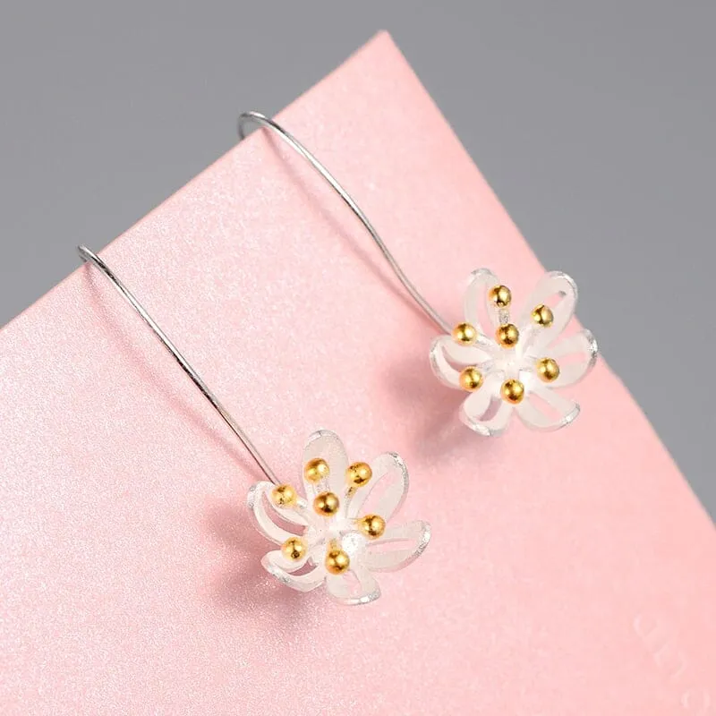 Lovely Long Flower Earrings - 925 Sterling Silver