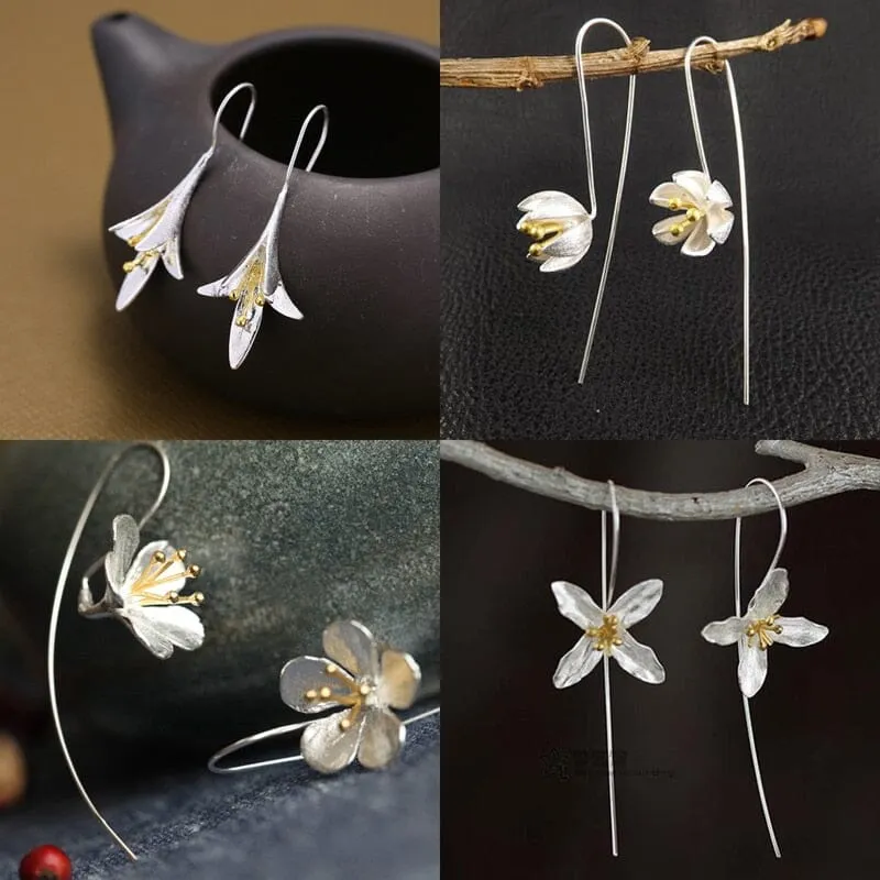 Lovely Long Flower Earrings - 925 Sterling Silver