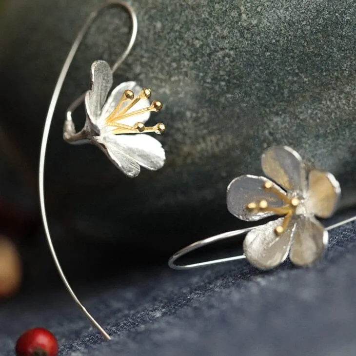 Lovely Long Flower Earrings - 925 Sterling Silver