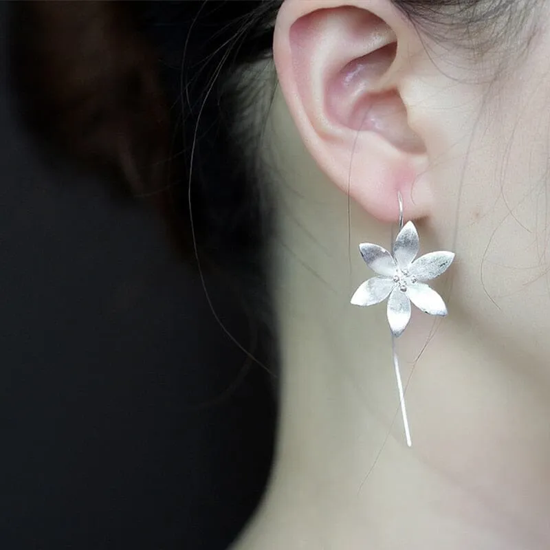 Lovely Long Flower Earrings - 925 Sterling Silver