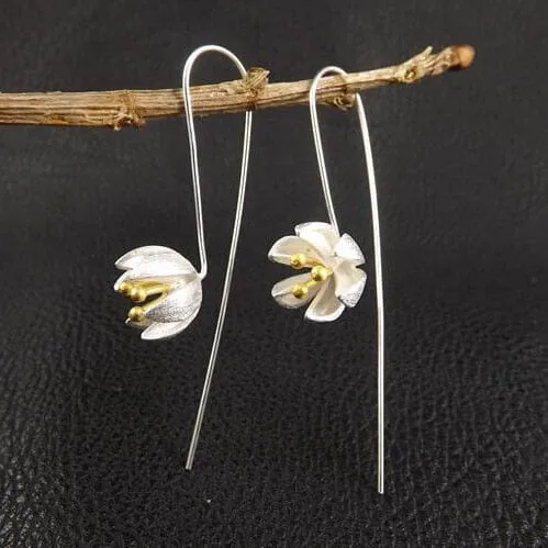 Lovely Long Flower Earrings - 925 Sterling Silver