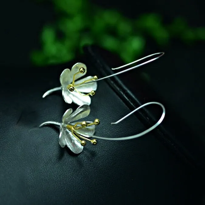 Lovely Long Flower Earrings - 925 Sterling Silver