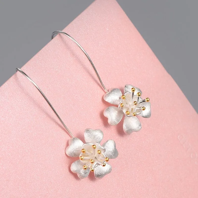 Lovely Long Flower Earrings - 925 Sterling Silver