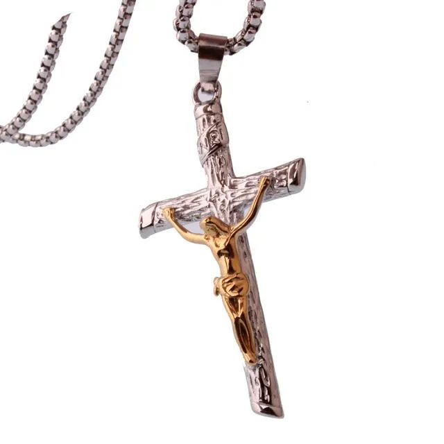 Metallic Jesus Christ Crucifixion Pendant with Link Chain Necklace