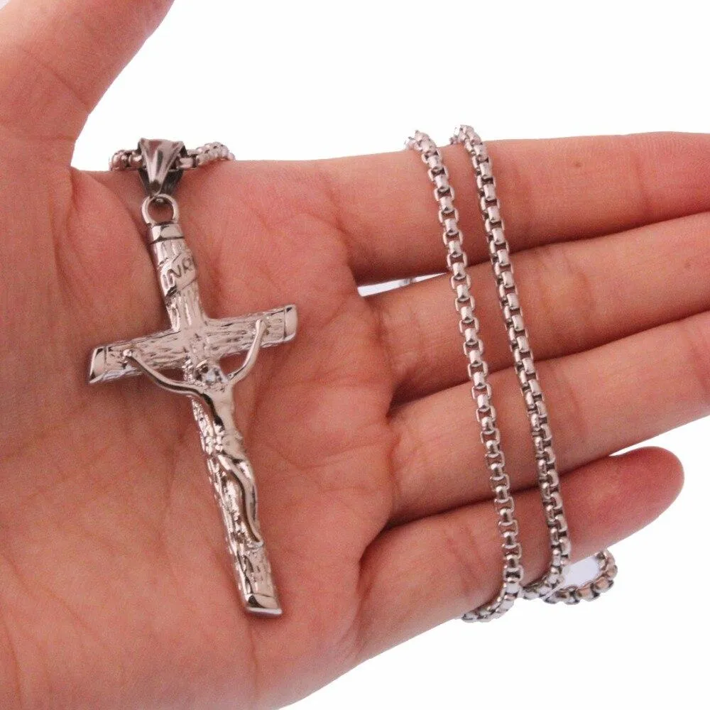 Metallic Jesus Christ Crucifixion Pendant with Link Chain Necklace