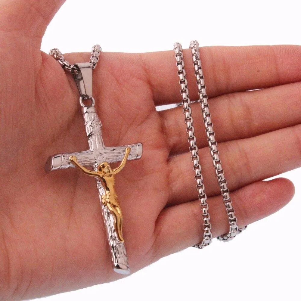 Metallic Jesus Christ Crucifixion Pendant with Link Chain Necklace