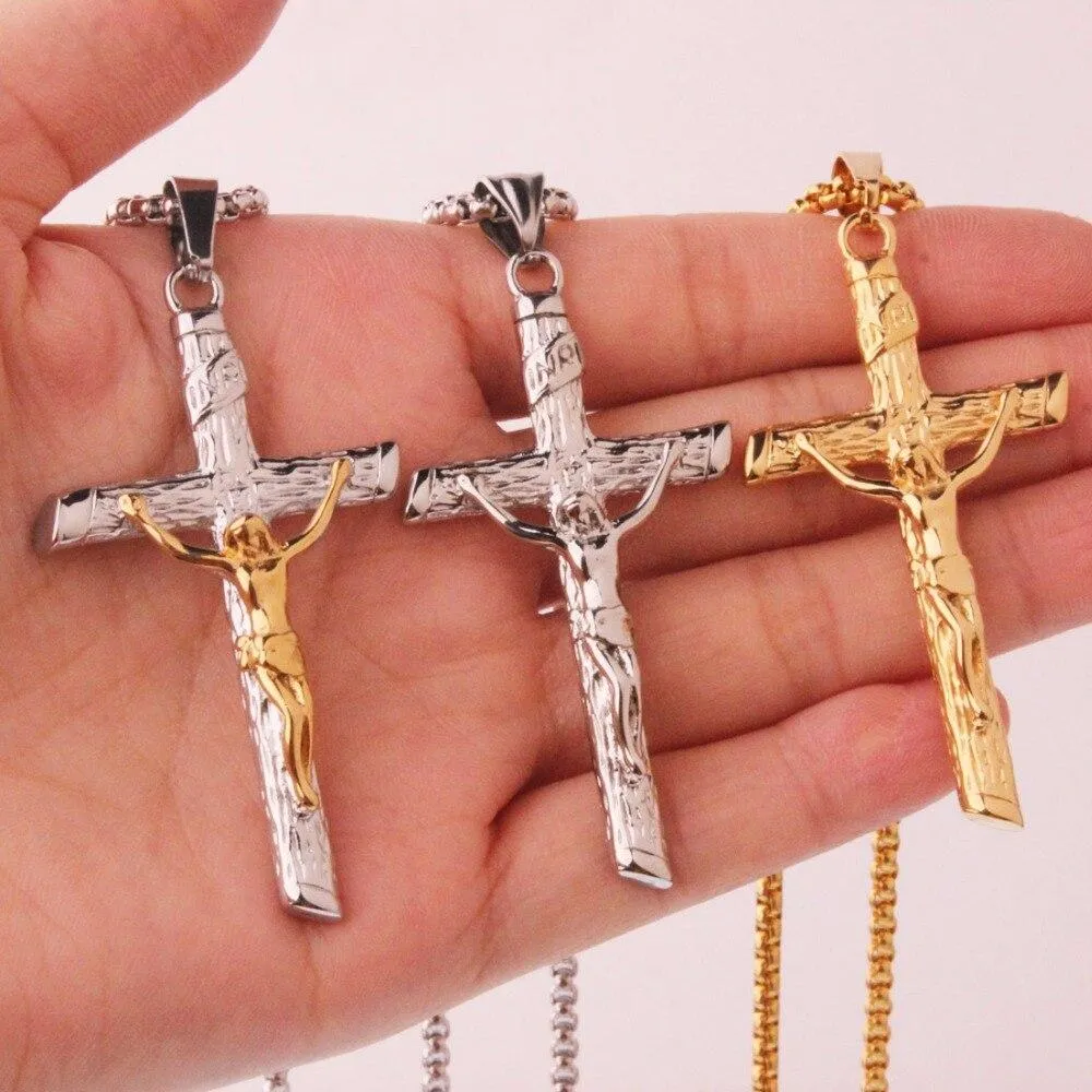 Metallic Jesus Christ Crucifixion Pendant with Link Chain Necklace