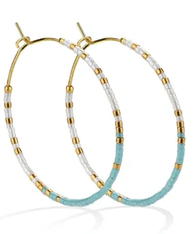 Miyuki Delica Beaded Hoop Earrings - White/Blue