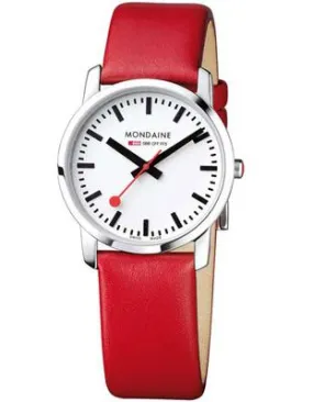 Mondaine Ladies Simply Elegant Watch - Red Leather Strap - White Dial - 30M WR