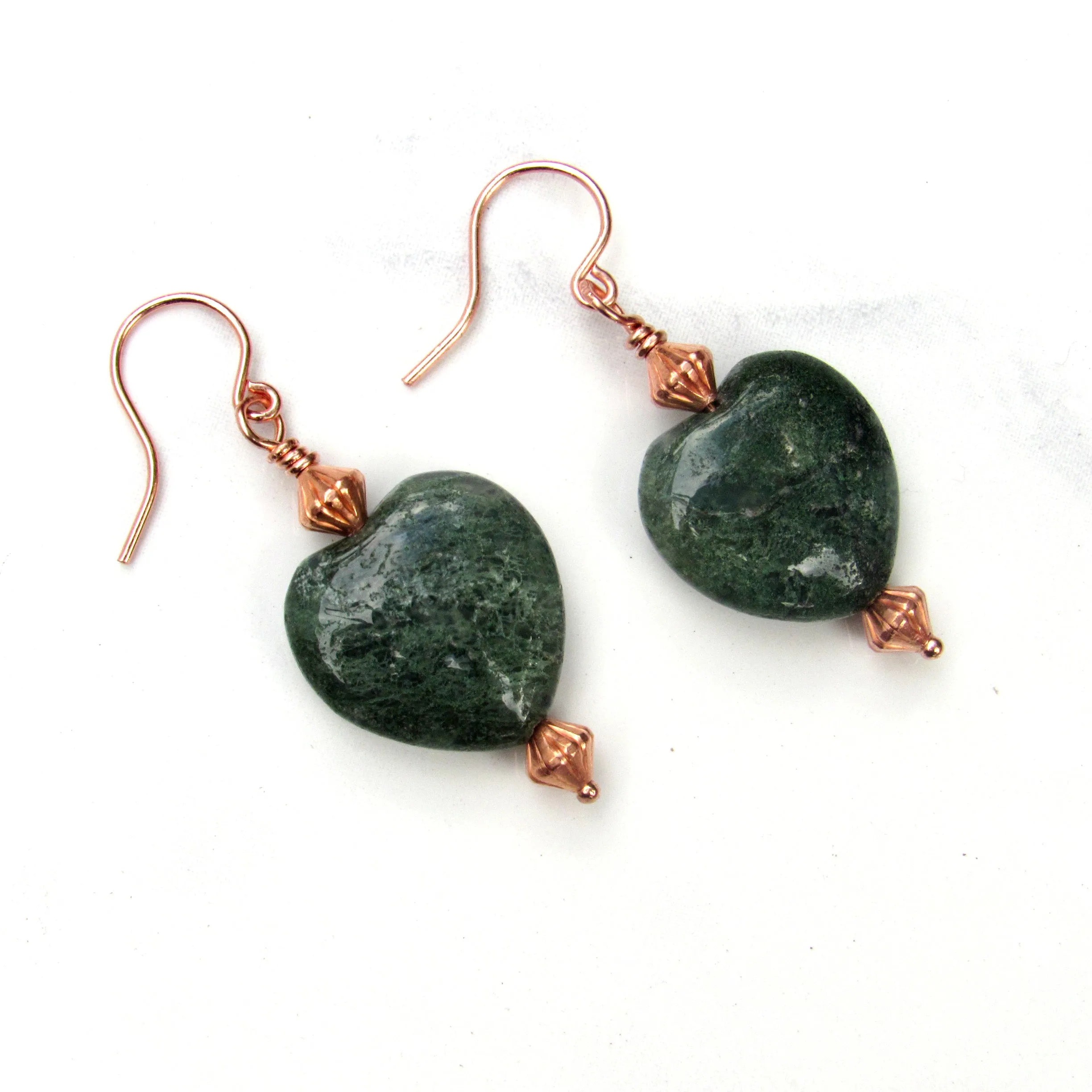 Moss Agate gemstone Heart and Copper Drop earrings