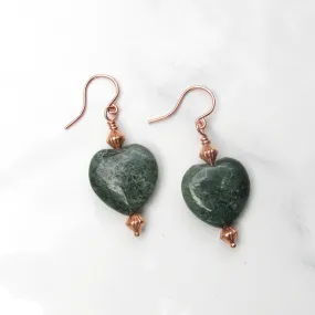 Moss Agate gemstone Heart and Copper Drop earrings