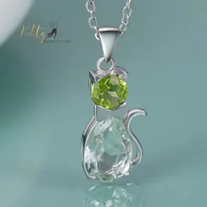 Natural Green Amethyst Cat Necklace in Solid 925 Sterling Silver