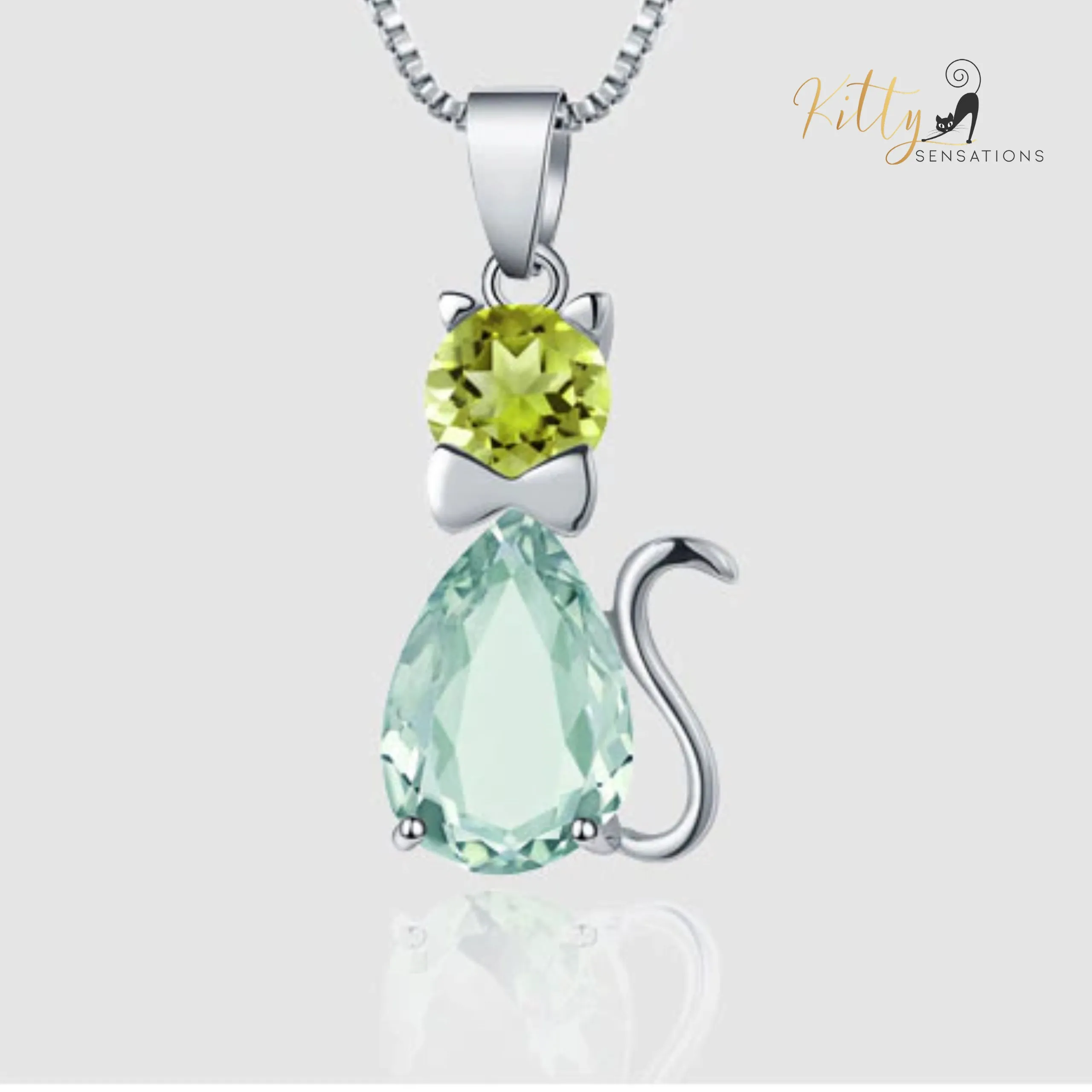 Natural Green Amethyst Cat Necklace in Solid 925 Sterling Silver