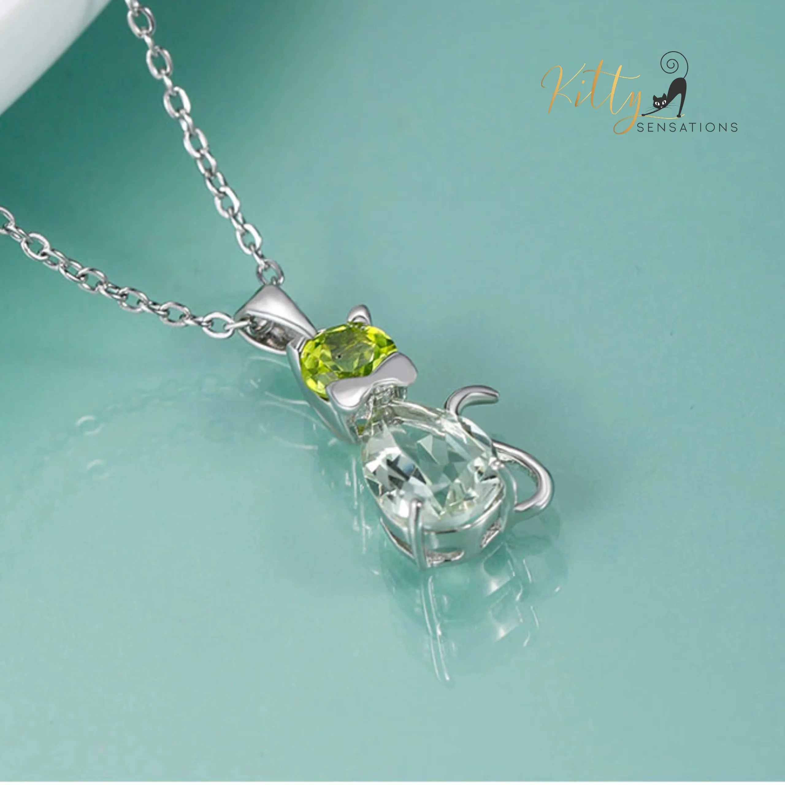 Natural Green Amethyst Cat Necklace in Solid 925 Sterling Silver