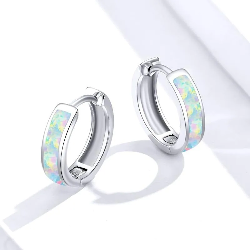 Opal Round Ear Clip 925 Sterling Silver Hoop Earrings