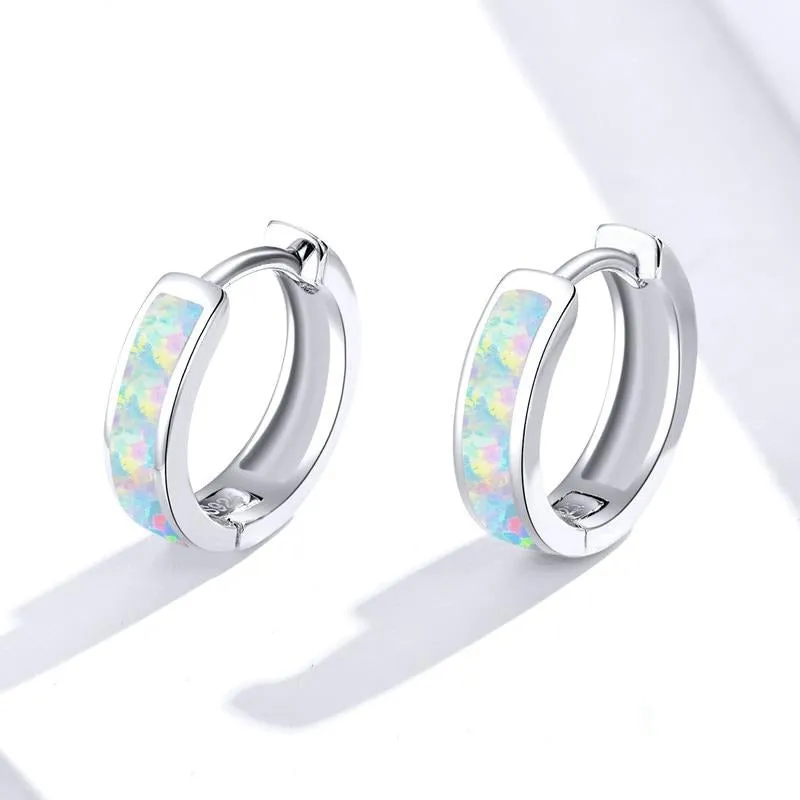 Opal Round Ear Clip 925 Sterling Silver Hoop Earrings