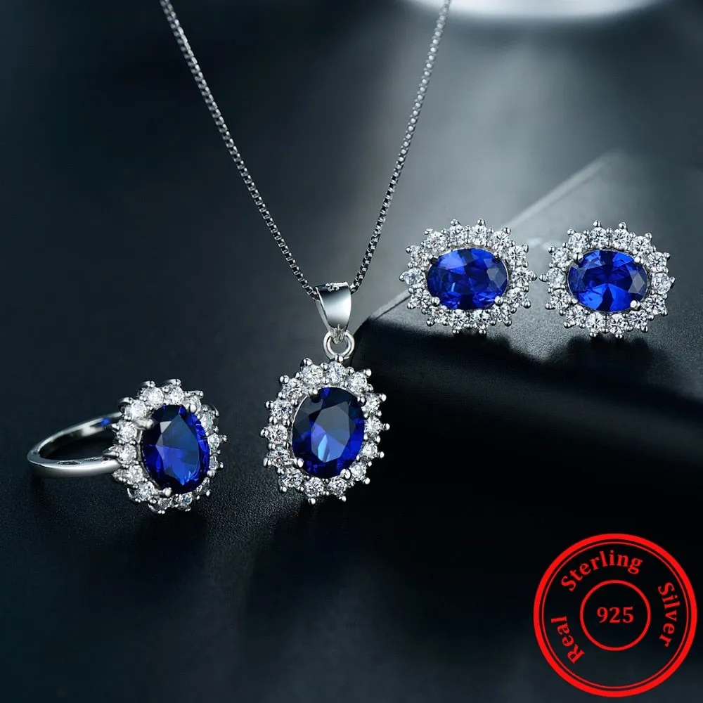 Oval Crystal 925 Sterling Silver Necklace, Earrings & Ring Fashion Jewelry Set