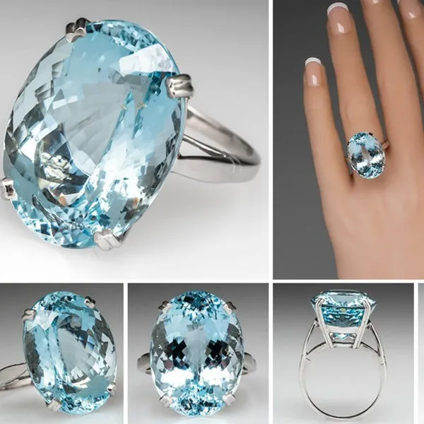 Oval Simulated Aquamarine 925 Sterling Silver Ring