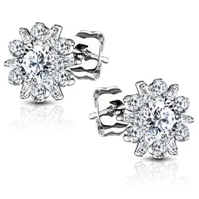 Pair of .925 Sterling Silver WildKlass Stud Earrings/Double Tiered CZ Set Dahlia Flower