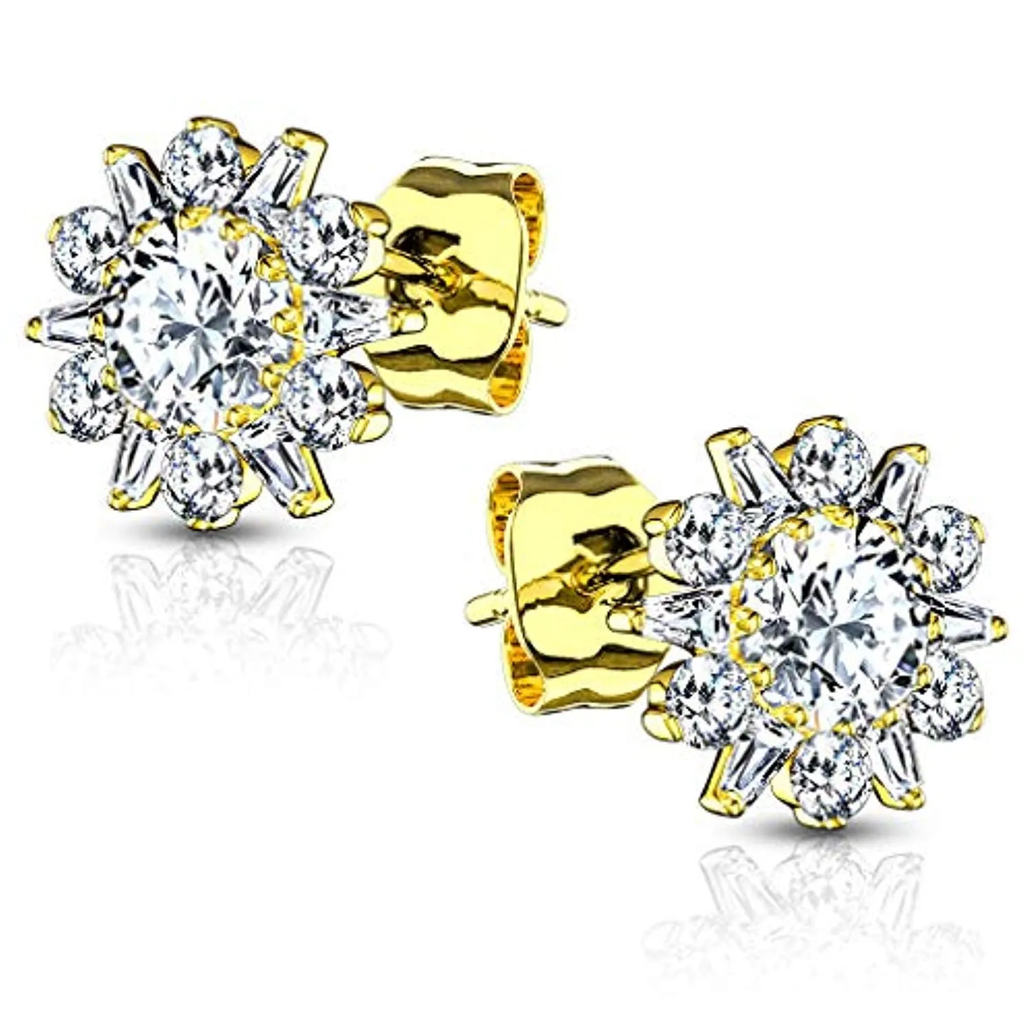 Pair of .925 Sterling Silver WildKlass Stud Earrings/Double Tiered CZ Set Dahlia Flower