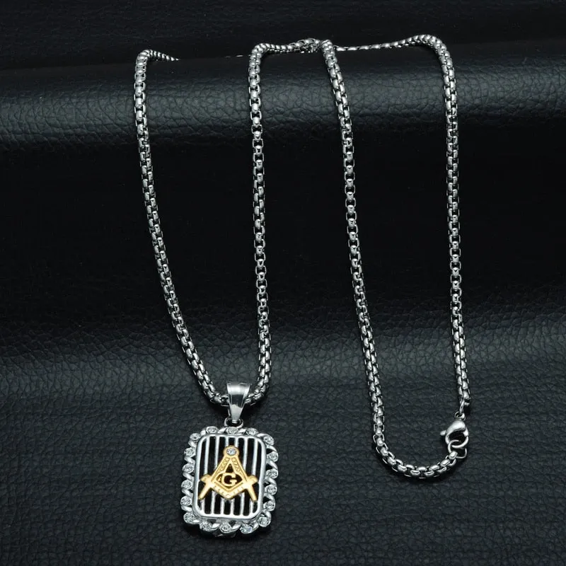 Paved Crystal Square Freemason Bling Stainless Steel Hip-hop Pendant Necklace