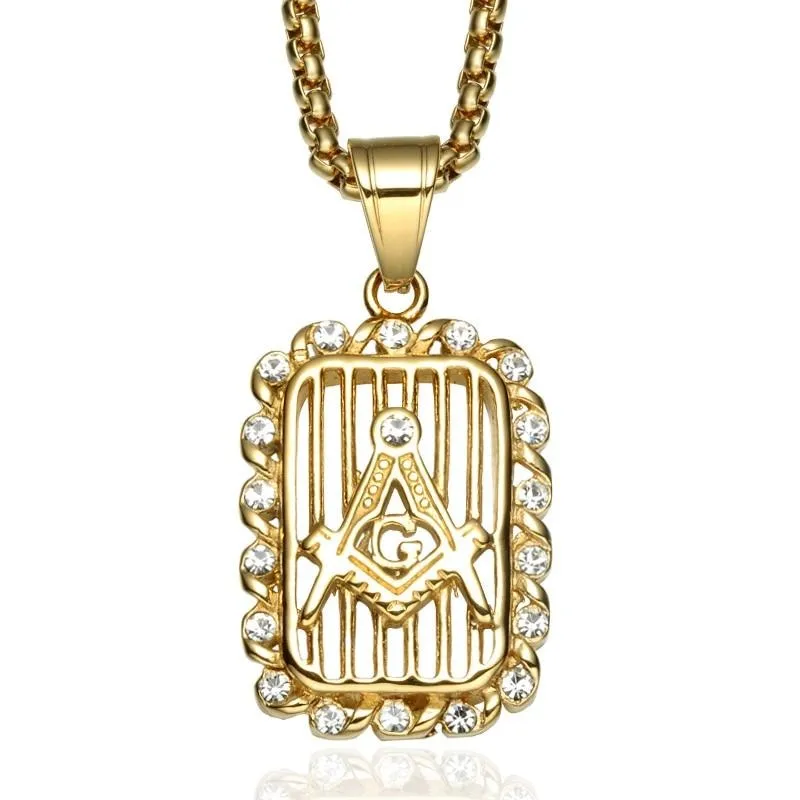 Paved Crystal Square Freemason Bling Stainless Steel Hip-hop Pendant Necklace