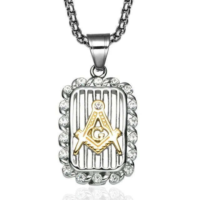 Paved Crystal Square Freemason Bling Stainless Steel Hip-hop Pendant Necklace