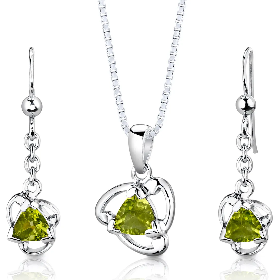 Peridot Drop Trillion Shape Earrings Pendant Necklace Sterling Silver Jewelry Set