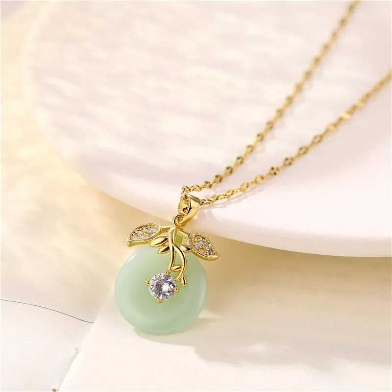 Petite Natural Hetian Round Jade CZ Flower Pendant Necklace