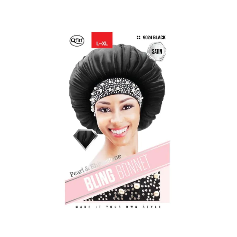 Qfitt | L-XL Bling Satin Bonnet - Pearl & Rhinestone