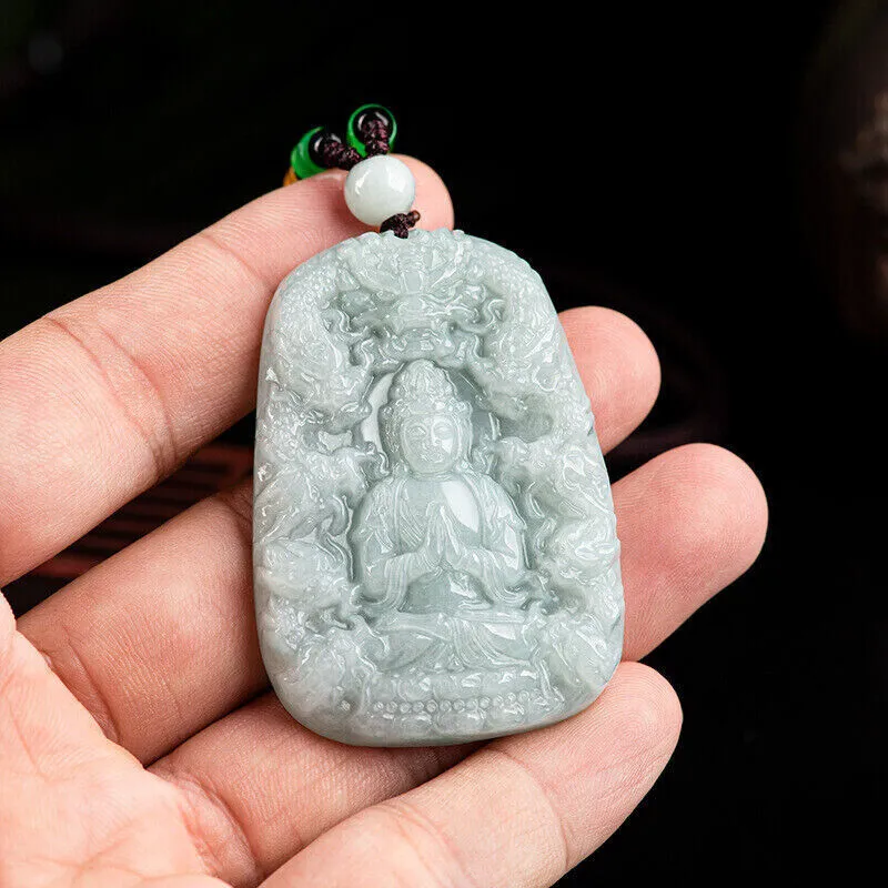 Real Grade A 100% Natural Green Jade Jadeite Kwan Yin and the Dragon Pendant #9-1226