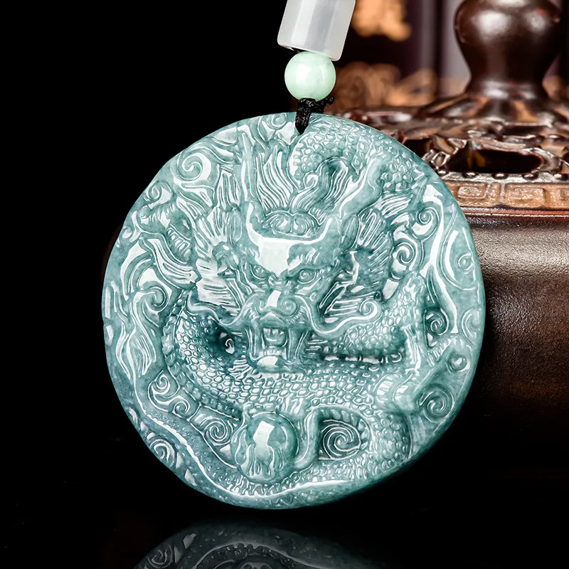 Real Grade A Natural Blue Jade Jadeite Men Women Lucky Circle Dragon with Pearl Symbol Double Sided Pendant #10-1226