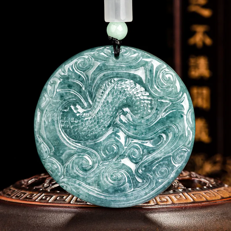 Real Grade A Natural Blue Jade Jadeite Men Women Lucky Circle Dragon with Pearl Symbol Double Sided Pendant #10-1226