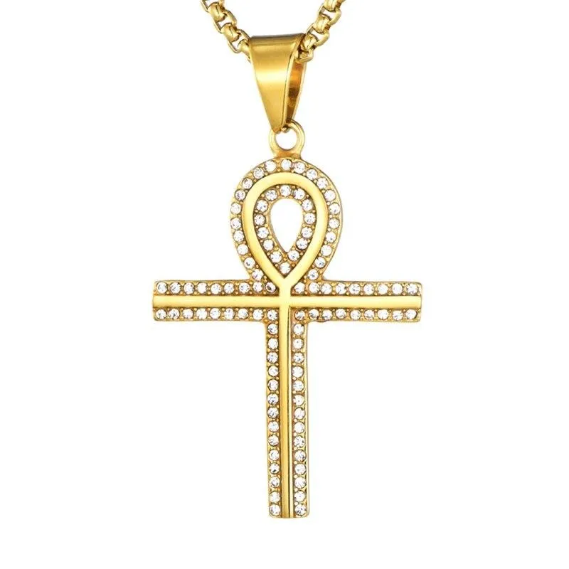 Rhinestone Egyptian Ankh Bling Stainless Steel Hip-hop Pendant Necklace