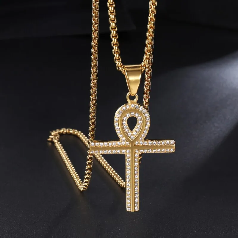 Rhinestone Egyptian Ankh Bling Stainless Steel Hip-hop Pendant Necklace