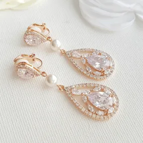 Rose Gold Clip On Earrings for Weddings with Pearls & Crystals-Esther