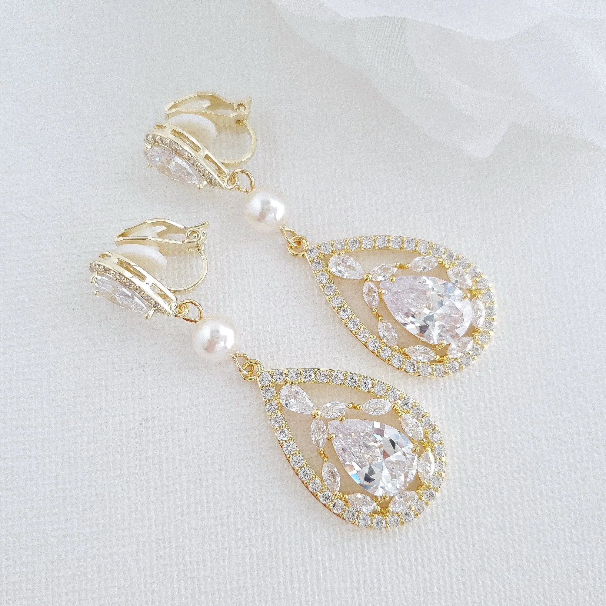 Rose Gold Clip On Earrings for Weddings with Pearls & Crystals-Esther