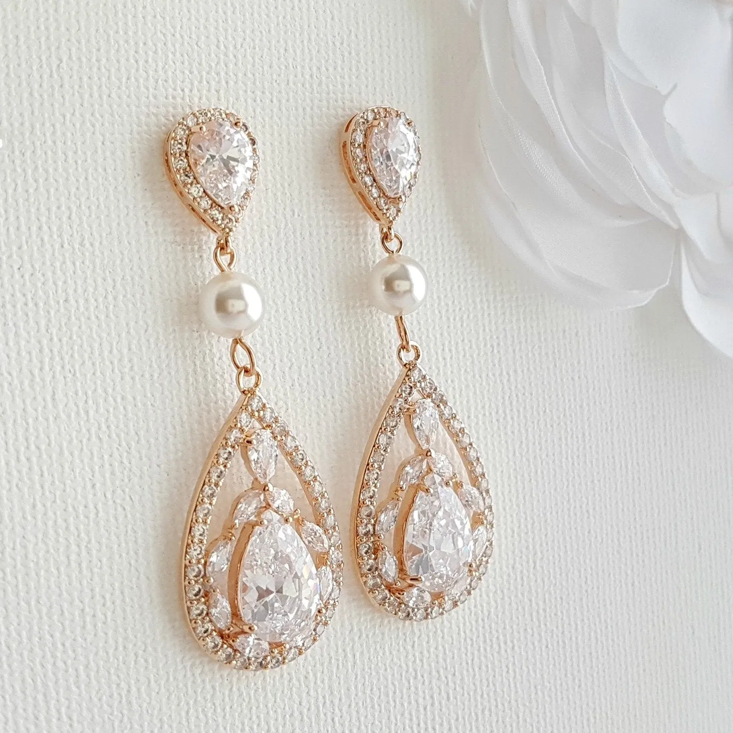 Rose Gold Clip On Earrings for Weddings with Pearls & Crystals-Esther