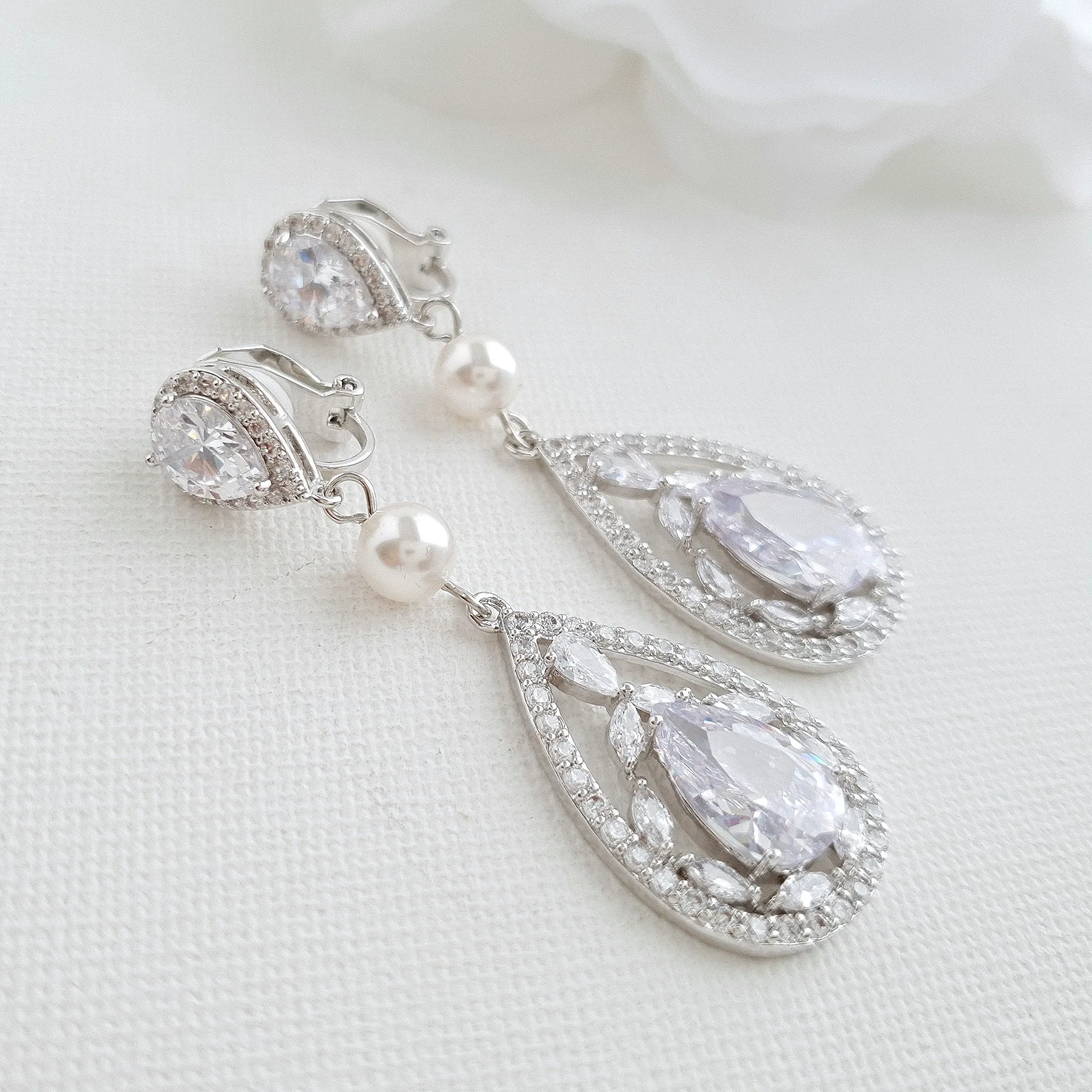 Rose Gold Clip On Earrings for Weddings with Pearls & Crystals-Esther