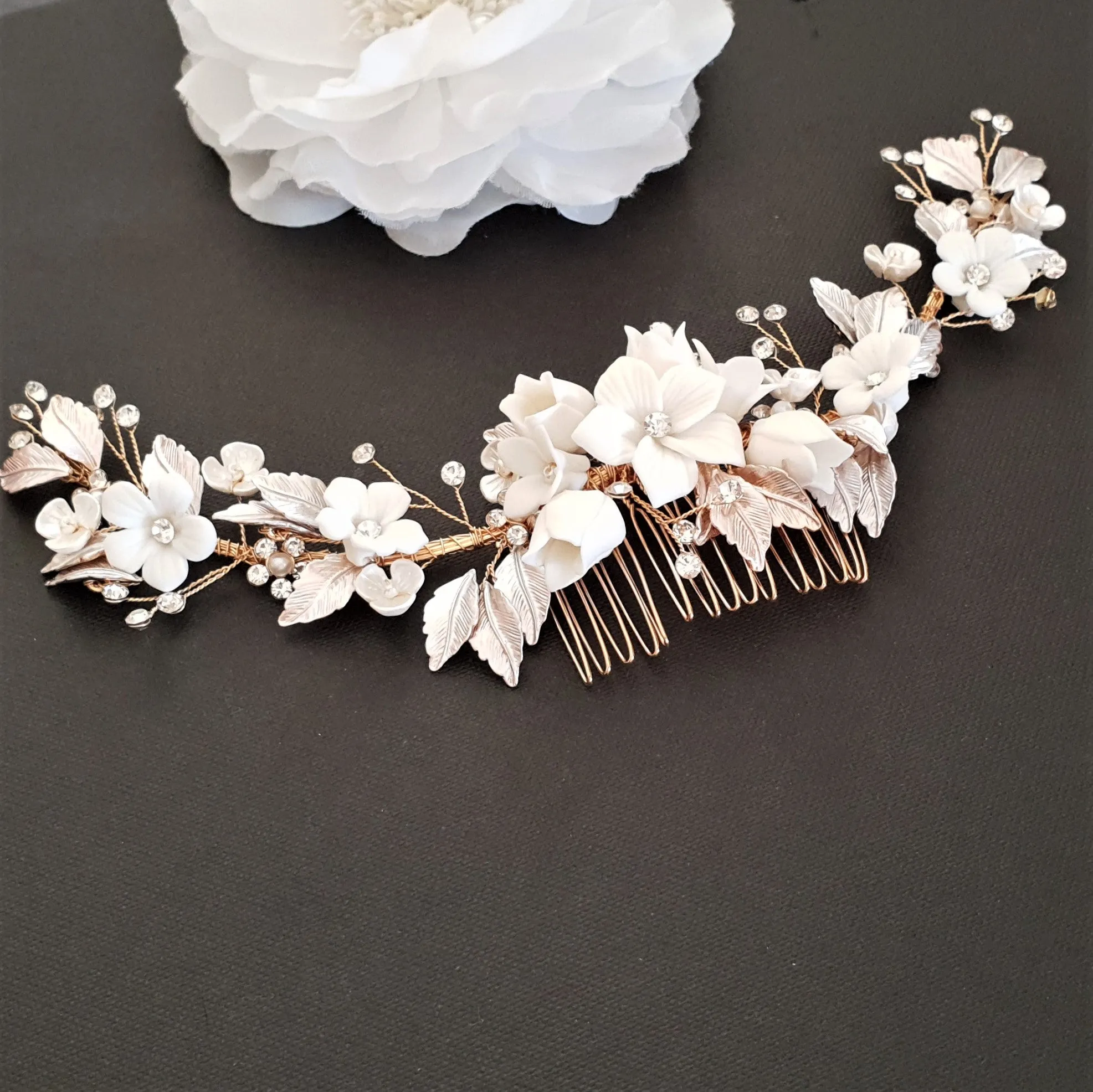 Rose Gold Hair Comb with White Flowers-Daffodil