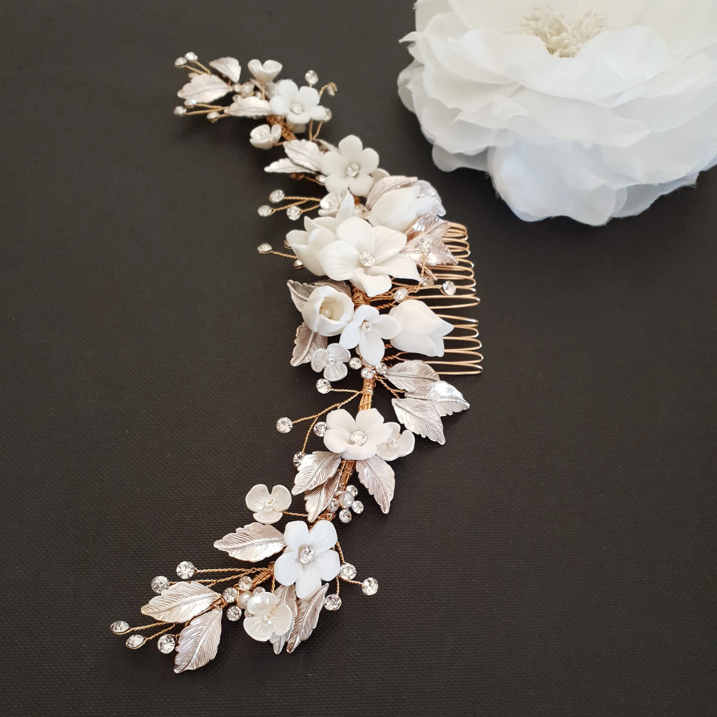 Rose Gold Hair Comb with White Flowers-Daffodil