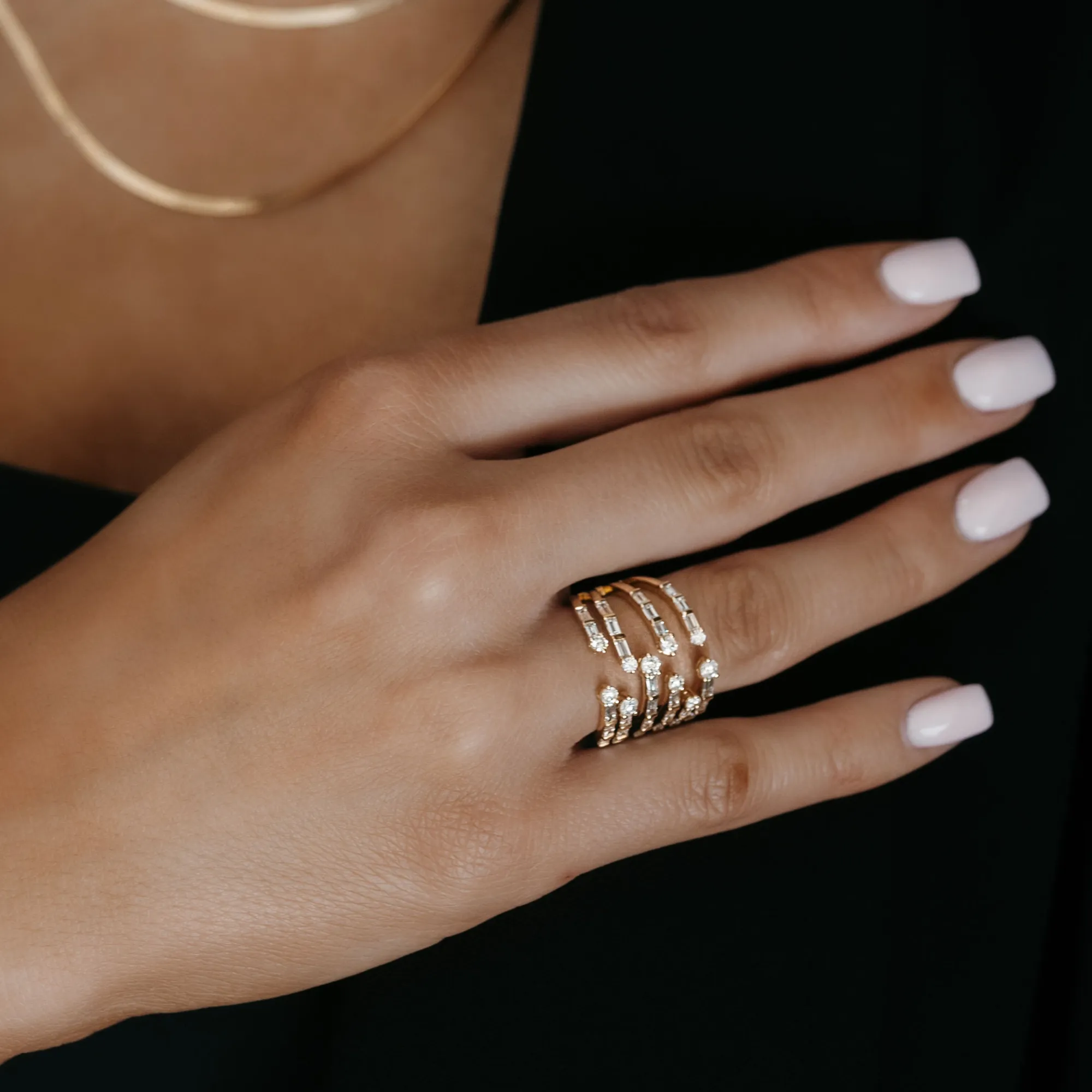 Round & Baguette Diamond Cuff Ring