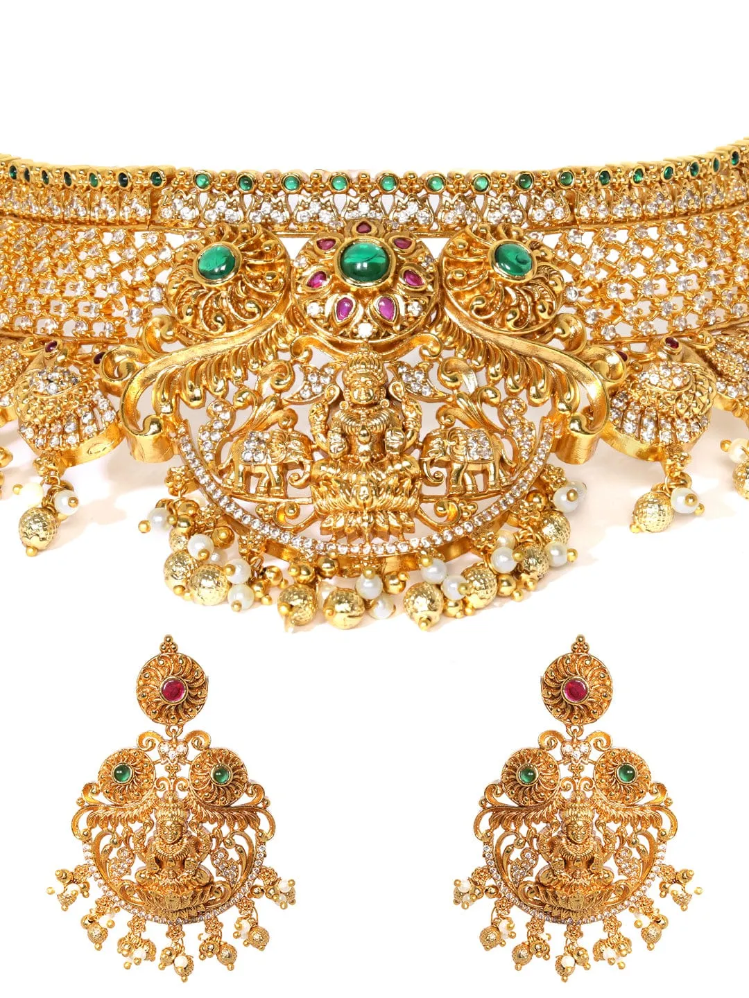 Rubans 22K Gold plated Red & Green zirconia goddess motif Luxury Statement Temple Choker Set