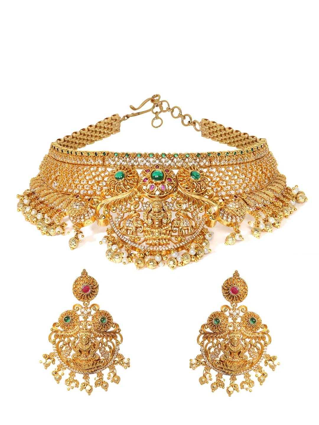 Rubans 22K Gold plated Red & Green zirconia goddess motif Luxury Statement Temple Choker Set