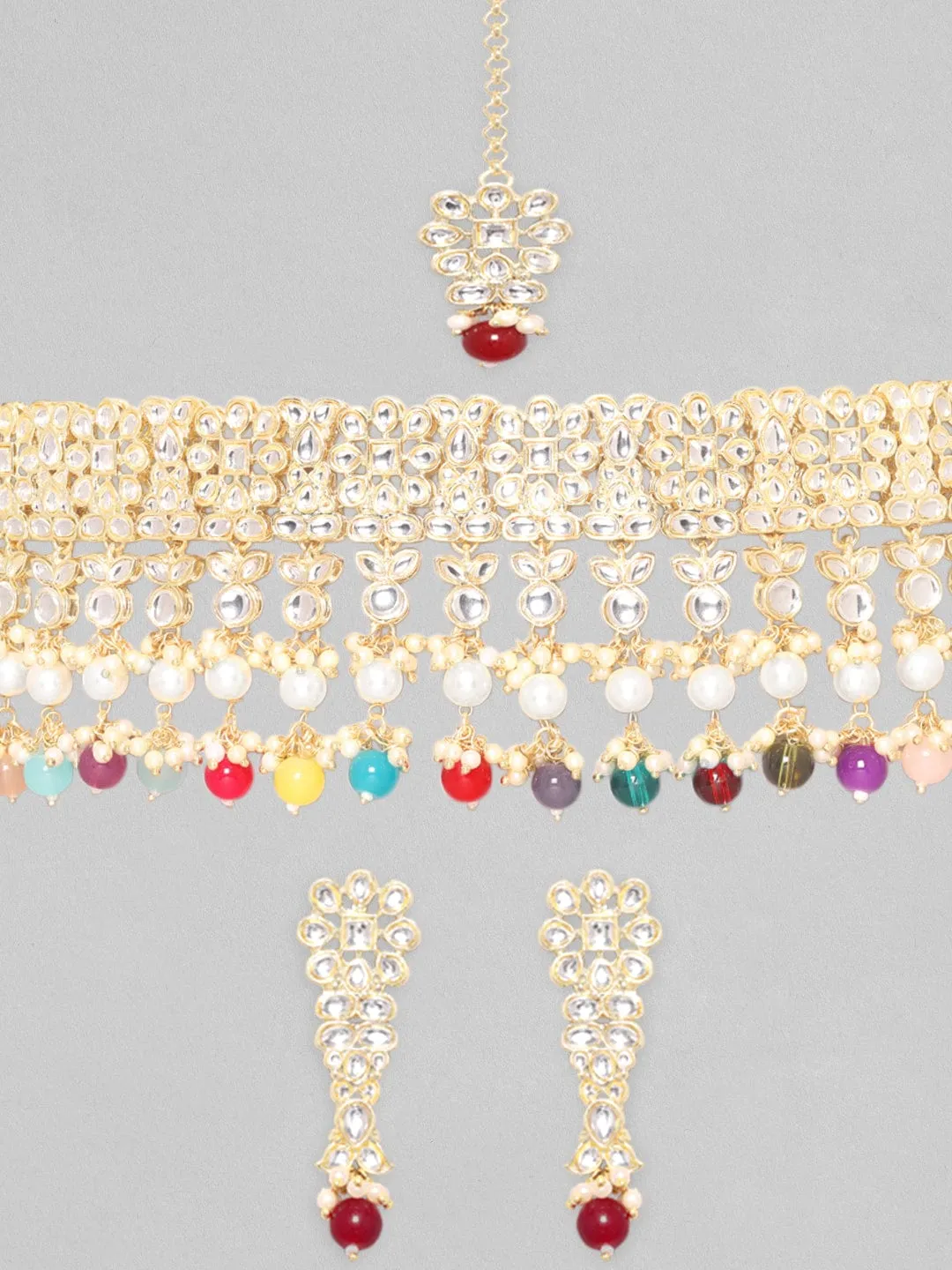 Rubans 24K Gold Plated Kundan Stone Studded Multicolour Pearl & Beads Necklace Set