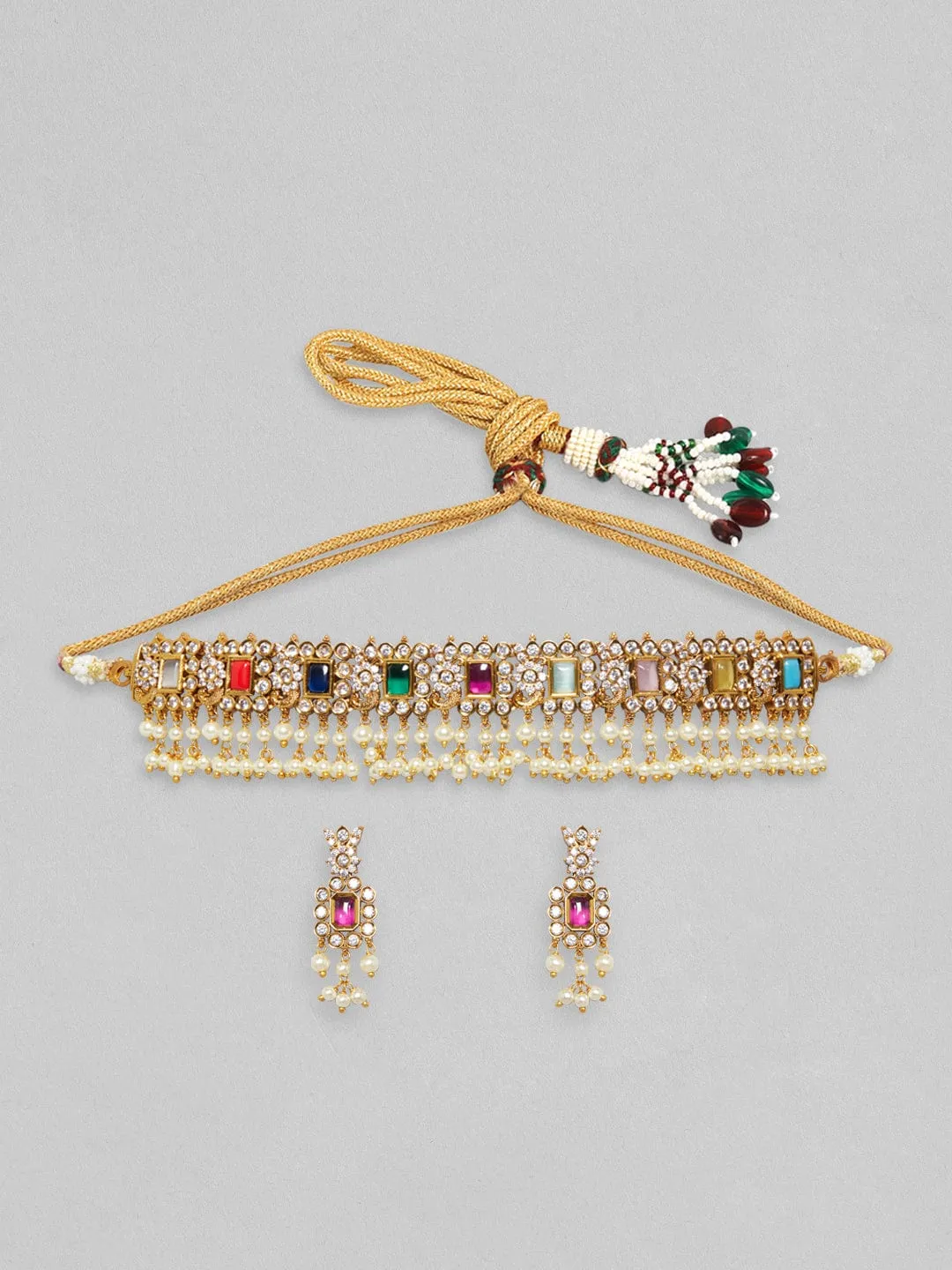 Rubans Gold Plated Choker Set With Multicolour Stones And White Beads.