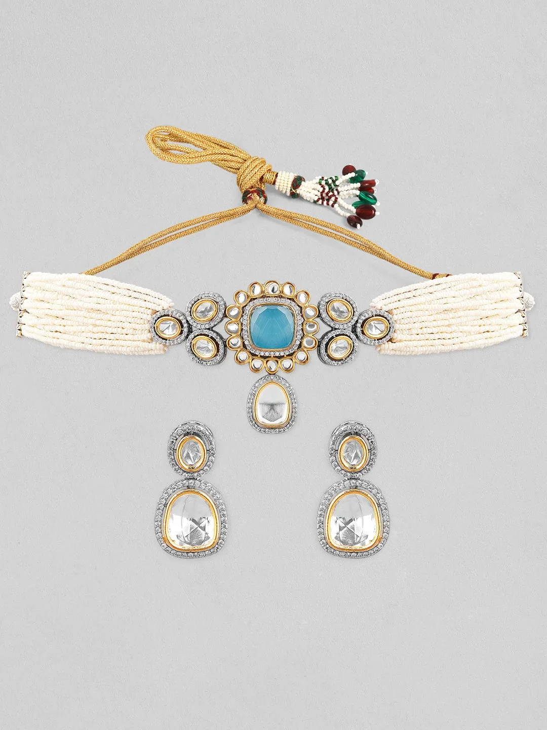 Rubans Gold Plated Kundan Choker Set With White Beads And Blue Stones