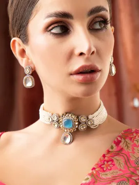 Rubans Gold Plated Kundan Choker Set With White Beads And Blue Stones