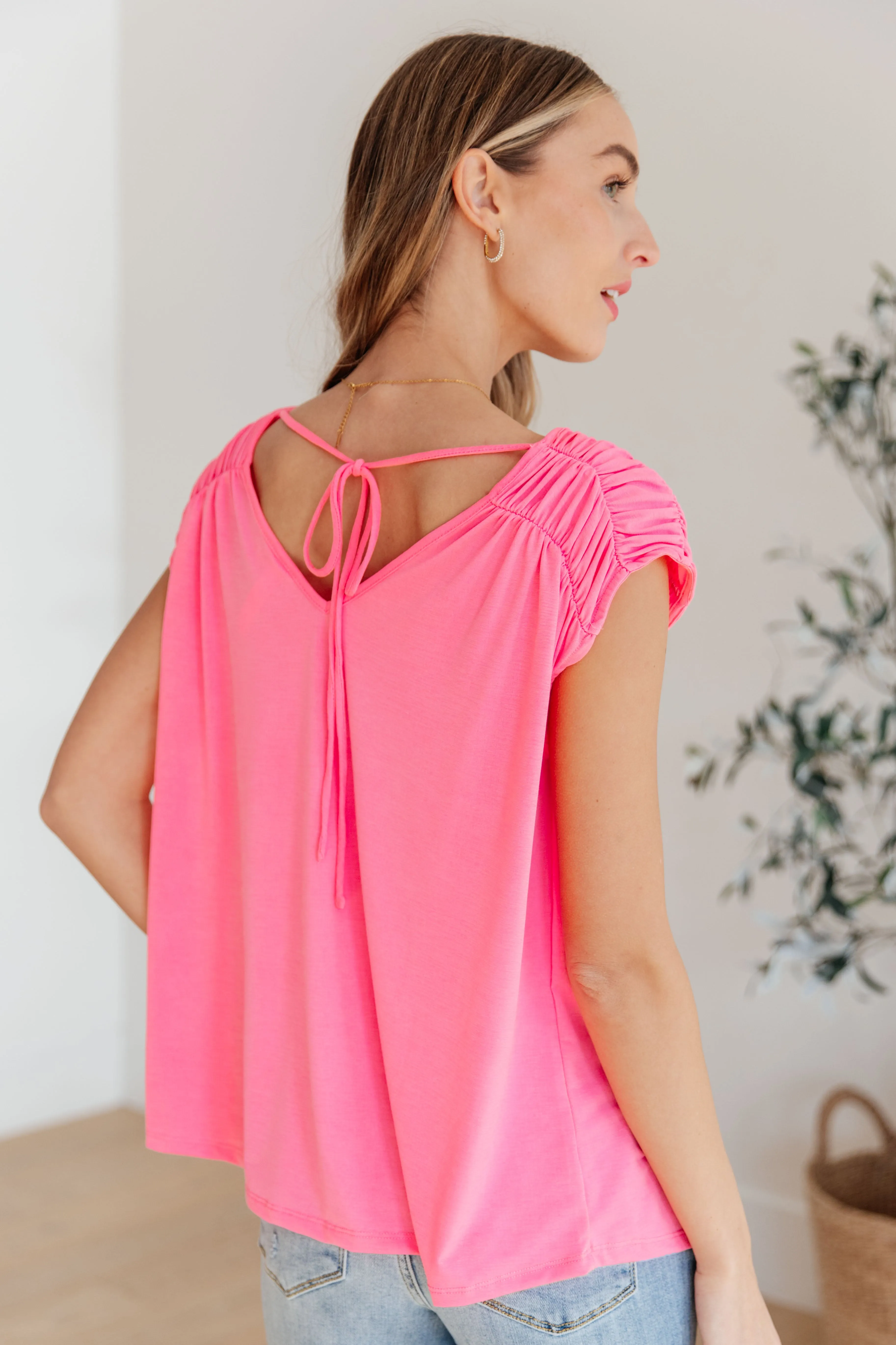 RuchedCap Sleeve Top in Neon Pink