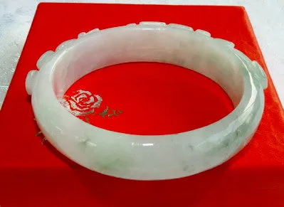 Sale-Small Oval Carved Lotus Coin Flowers Burmese Jadeite Bangle Bracelet (Fits Like 50mm) (BB2916)